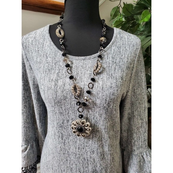 Tacera Solid Gray Polyester Round Neck Long Sleeve Knee Length Sweater Dress M - Picture 2 of 12